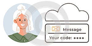 Woman Receiving Secure Message with Verification Code in Cloud Communication Concept