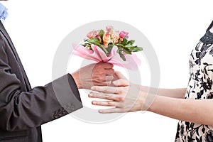 Woman recieving flowers