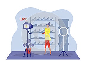 The woman is recording video for her followers and sell shose.online shop Vector flat cartoon illustration