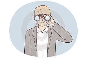 Woman recruiter use binoculars to search for suitable candidates for vacancy in company