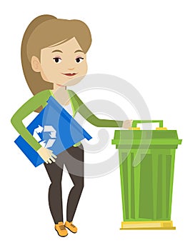 Woman with recycle bin and trash can.