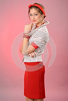 Woman with a red bandage on a head