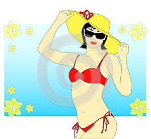 A woman in a red bikini
