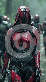 A woman in a red and black suit walking through the rain, AI