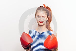 woman red boxing glove workout fashion studio