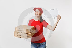 Woman in red cap, t-shirt giving food order pizza boxes isolated on white background. Female courier holding empty blank