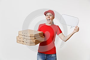 Woman in red cap, t-shirt giving food order pizza boxes isolated on white background. Female courier holding empty blank