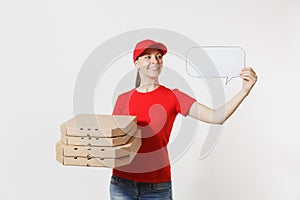 Woman in red cap, t-shirt giving food order pizza boxes isolated on white background. Female courier holding empty blank