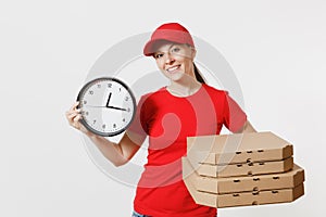 Woman in red cap, t-shirt giving food order pizza boxes isolated on white background. Female pizzaman courier dealer