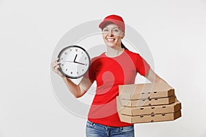 Woman in red cap, t-shirt giving food order pizza boxes isolated on white background. Female pizzaman courier dealer