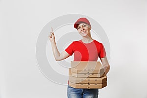 Woman in red cap, t-shirt giving food order pizza boxes isolated on white background. Female pizzaman working as courier