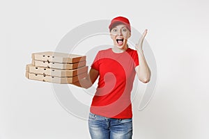 Woman in red cap, t-shirt giving food order pizza boxes isolated on white background. Female pizzaman working as courier