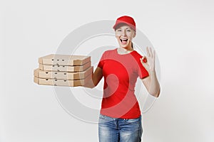 Woman in red cap, t-shirt giving food order pizza boxes isolated on white background. Female pizzaman working as courier