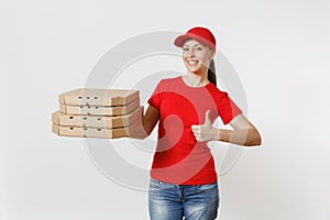 Woman in red cap, t-shirt giving food order pizza boxes isolated on white background. Female pizzaman working as courier