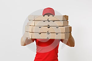 Woman in red cap, t-shirt giving food order pizza boxes isolated on white background. Female pizzaman working as courier