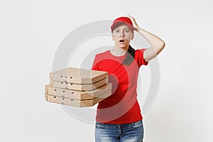 Woman in red cap, t-shirt giving food order pizza boxes isolated on white background. Female pizzaman working as courier