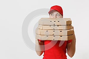 Woman in red cap, t-shirt giving food order pizza boxes isolated on white background. Female pizzaman working as courier