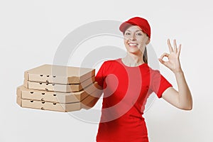 Woman in red cap, t-shirt giving food order pizza boxes isolated on white background. Female pizzaman working as courier