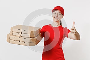 Woman in red cap, t-shirt giving food order pizza boxes isolated on white background. Female pizzaman working as courier