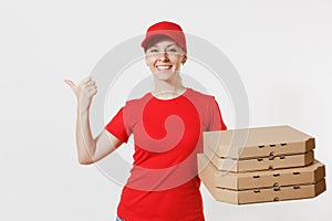 Woman in red cap, t-shirt giving food order pizza boxes isolated on white background. Female pizzaman working as courier