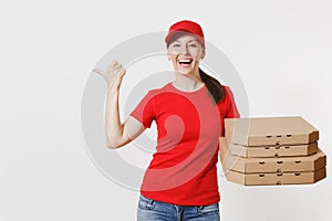 Woman in red cap, t-shirt giving food order pizza boxes isolated on white background. Female pizzaman working as courier