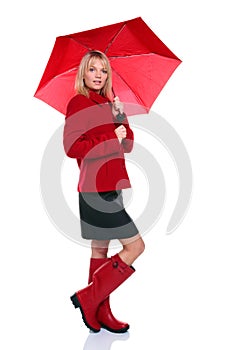 Woman in red coat, boots and umbrella