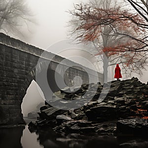 A woman in a red coat stands on a rock bridge in a city with a f photo