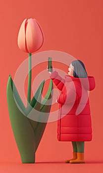 Woman in red coat takes a picture of a giant pink tulip. Canadian Tulip Festival or Netherlands event