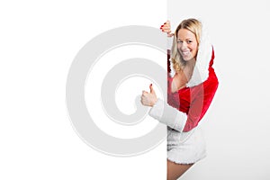 woman in red costume showing thumbs up