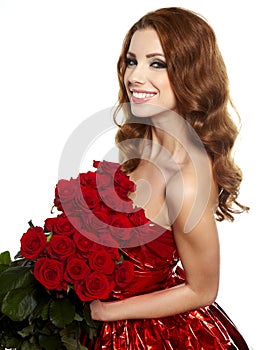 Woman in red drapery with red roses