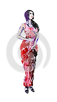 Woman in red dress, art sketch. Female silhouette isolated on white background. Beautiful girl, engraving imitation hand drawn.