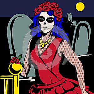 The woman in the red dress in the cemetery with makeup Santa de Muerto