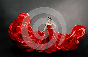 Woman Red Dress, Fashion Model in Long Silk Gown Waving Cloth on Wind, Flying Fabric