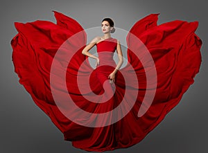 Woman Red Dress, Fashion Model in Long Silk Waving Gown Wings, Flying Fluttering Fabric