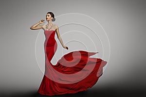 Woman Red Dress, Fashion Model in Long Waving Silk Gown