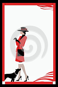 a woman in a red dress and hat with a dog