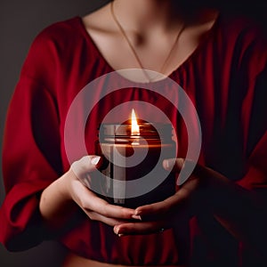 Woman in red dress holding burning candle, design and branding ready candle jar mockup with female hands, no face