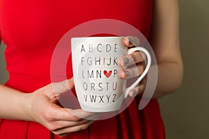 Woman in red dress holding coffee mug, I love You, Valentines day cup