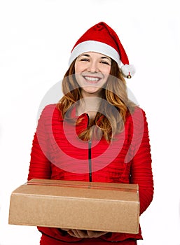 Woman in red dress with many gift boxes