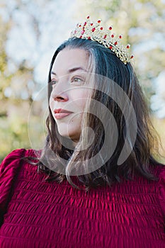 Woman in Red Dress with Red and Gold Tiara