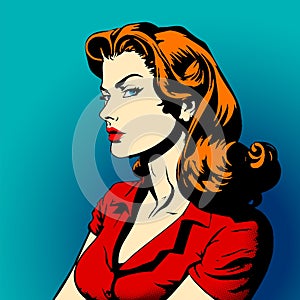 Woman in red dress with red hair. Business woman in comics or pop-art style, working in the office