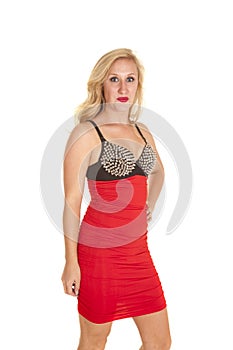 Woman red dress spikes chest