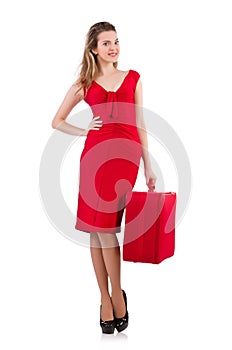 Woman in red dress and travel case
