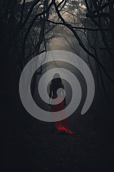 A Woman in red dress walking on a dark path in a strange dark forest with fog