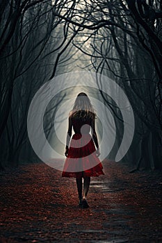 A Woman in red dress walking on a dark path in a strange dark forest with fog