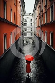 A woman in a red dress is walking down a narrow alleyway with an umbrella