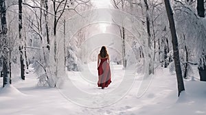 A Woman in red dress walking on a path in Winter landscape with fair trees under the snow. Scenery for the tourists. Christmas