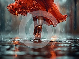 Woman in Red Dress Walking in Rain