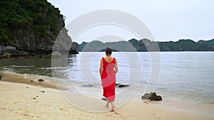 The woman in a red dress walks on the beach. The woman in a red dress walks on the coast of the island. Rear view