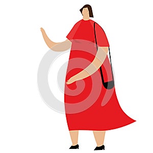 A woman in a red dress waves her hand